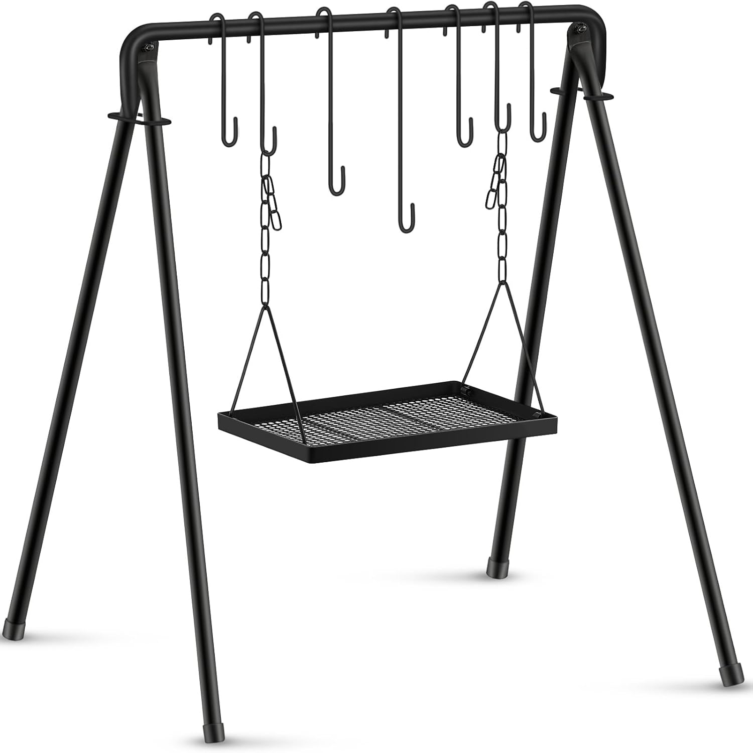 Campfire Swing Grill Stand Adjustable Grill Cooking Stand Hanging Rack with 8 Hooks and Accessories Campfire Cooking Equipment for BBQ Picnic Outdoor Party(Normal Tray)